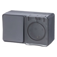 Блок: розетка с заземлением, шторками + выключатель 1 кл, 10А, влагозащищенный, наружный — антрацит, Atlas Design Profi54