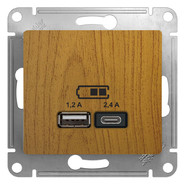 USB розетка A+С, 5В/2,4А, 2х5В/1,2 А, механизм - дерево дуб, Schneider Glossa