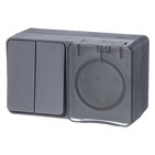 Блок: розетка с заземлением, шторками + выключатель 2 кл, 10А, влагозащищенный, наружный — антрацит, Atlas Design Profi54