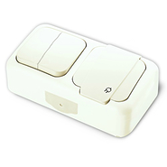 Блок Выключатель двухклавишный + Розетка с заземлением и крышкой, IP54, настенного монтажа, белый VIKO Palmiye 905554