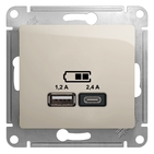 USB розетка A+С, 5В/2,4А, 2х5В/1,2 А, механизм - молочный, Schneider Glossa